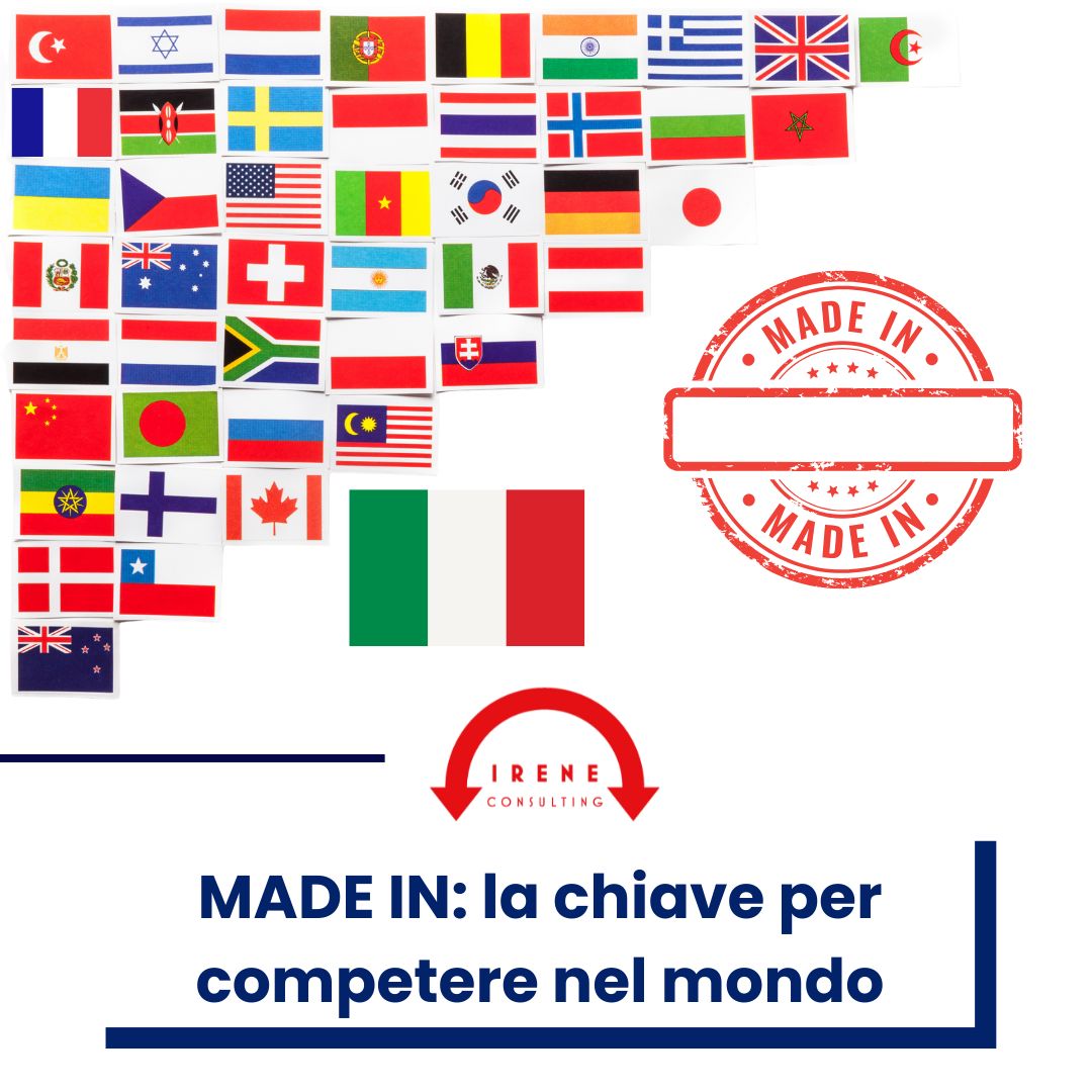 Immagine con bandiere e timbro Made In
