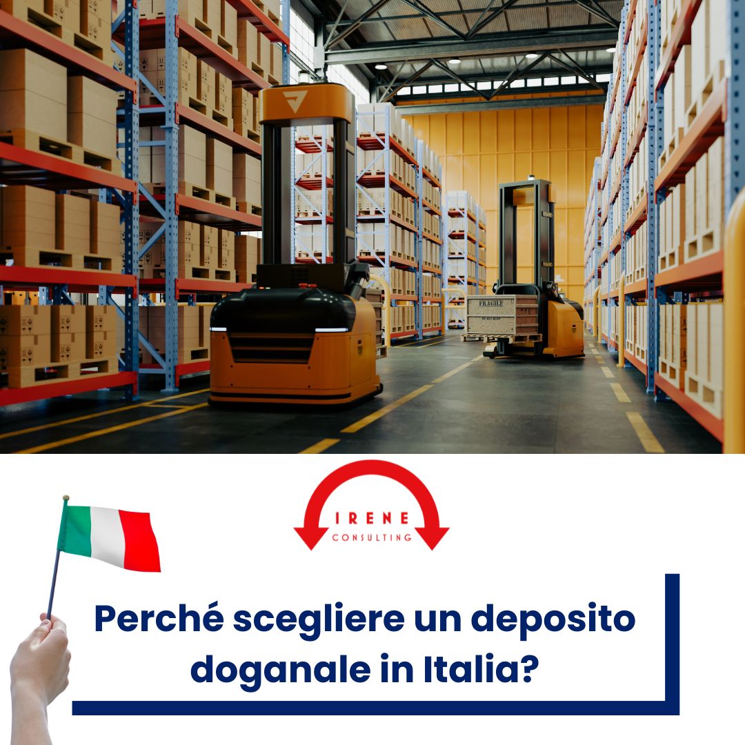 immagine di un deposito con pacchi con titolo "perché scegliere un deposito doganale in Italia?" e una mano con una bandiera italiana